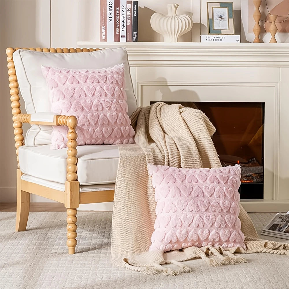 2pcs Soft Plush Pink Heart Pattern Throw Pillow Covers 18x18 – Cute Valentine’s Day Decor for Sofa, Hand Wash Only, Polyester Material, Contemporary Style, Decorative Pillows