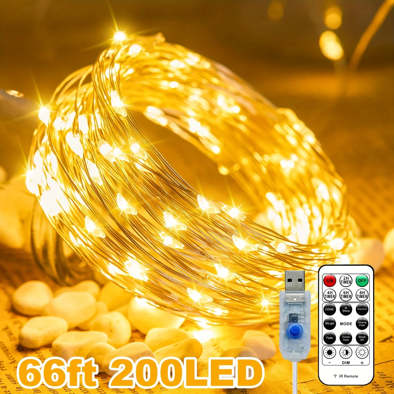 200 LED Fairy Lights | 66 Ft USB Twinkle String Lights With Remote And Timer 8 Modes Outdoor Starry Lights | DIY Party Wedding Christmas Decoration Silver Wire Plug In