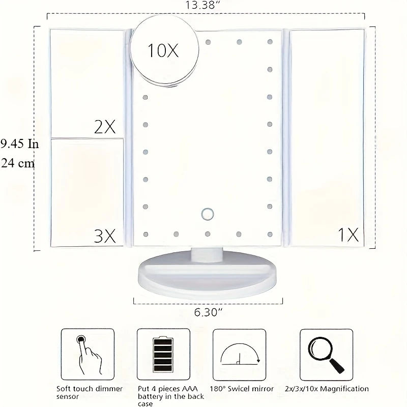 Tri-Fold Lighted Vanity Mirror Gifts for Her with 21 LED Lights, Touch Screen and 3X/ 2X/ 1X Magnification, Two Power Supply Modes Make Up Mirror, Travel Mirror