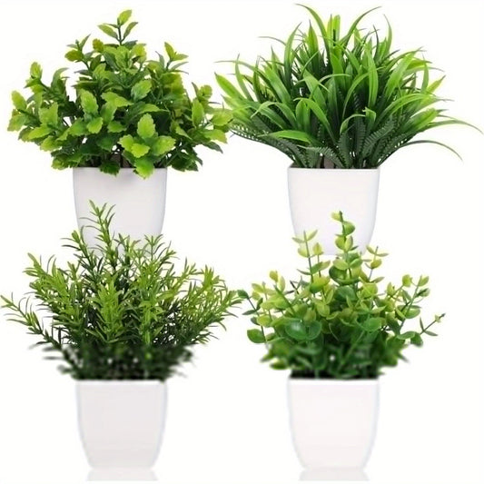White 4/8 Pot Small Fake Plant Flowerpot, Plastic Eucalyptus Plant Wheat Grass Shrub Plant, Indoor Desk Coffee Table Bedroom Home Decoration