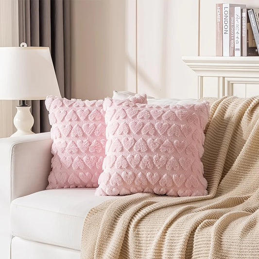 2pcs Soft Plush Pink Heart Pattern Throw Pillow Covers 18x18 – Cute Valentine’s Day Decor for Sofa, Hand Wash Only, Polyester Material, Contemporary Style, Decorative Pillows